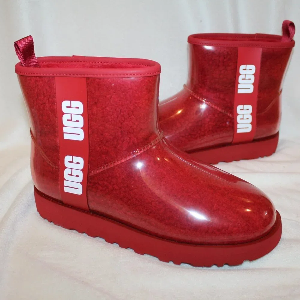 NIB UGG WOMEN'S CLEAR MINI SHEARLING WATERPROOF LOGO BOOTS RED - Picture 1 of 7